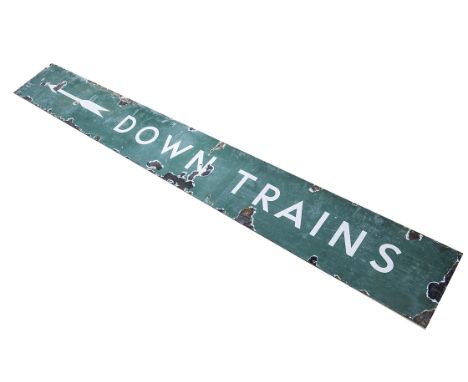 Original Southern Railway Enamelled Down Trains Sign, with white lettering on a green ground inscribed 'Down Trains' with dir