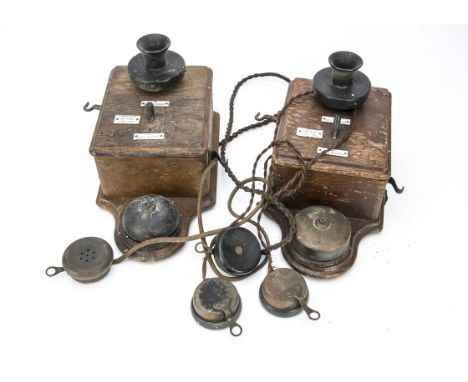 Pair of  Signal Box Wall Mounted Telephones, both oak cased mounted with bells, metal and Bakelite microphones, mounted with 