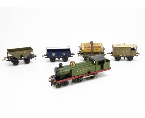A Modified early Hornby 0 Gauge No 2 4-4-4 Tank Locomotive and Freight Stock, the loco in early L&amp;NER green with repainte