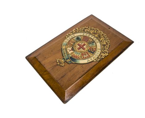 Great Eastern Railway Emblem Panel, a transferred emblem on varnished teak panel 11" wide x 17" high, G