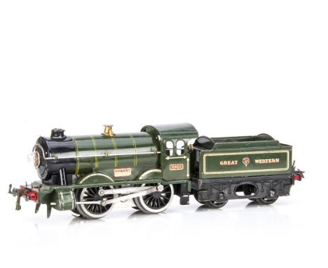 A Hornby 0 Gauge E120 Special clockwork 0-4-0 Locomotive and Tender, in enamelled GWR green as no 2301 in gold-on-red numberp
