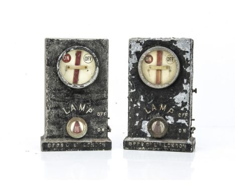Signal Box Lamp Repeater Indicators, two both in alloy cases with flaking paint minus three thumb screws, inset with circular