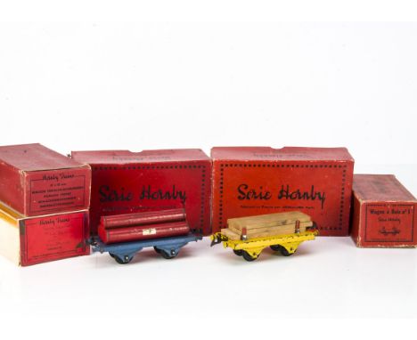 French Hornby 0 Gauge Assorted Freight Stock, wagon grue no 1 with brown jib and black base, F-G, box G, double-barrel wine w