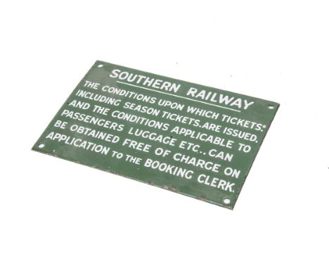 Original Southern Railway Enamelled Sign, with white lettering on a green ground inscribed 'Southern', with fixing holes moun