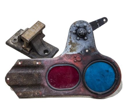 L.S.W.R. Rail Chair and Signal Arm Bracket, a cast iron rail chair dated 1912 with bull head rail section together with an ir