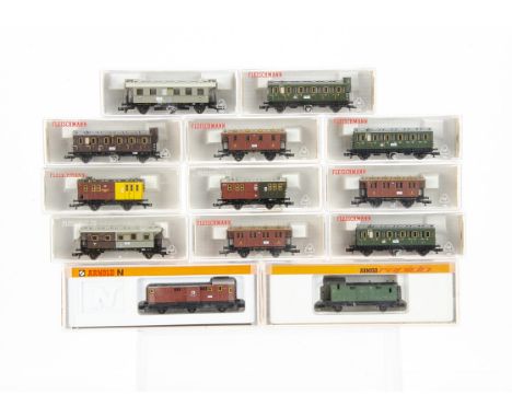 Fleischmann and Arnold Small N Gauge Coaches, a cased group comprising Fleischmann 8821K (2), 8881, 8820, 8880, 8892, 8792 (2
