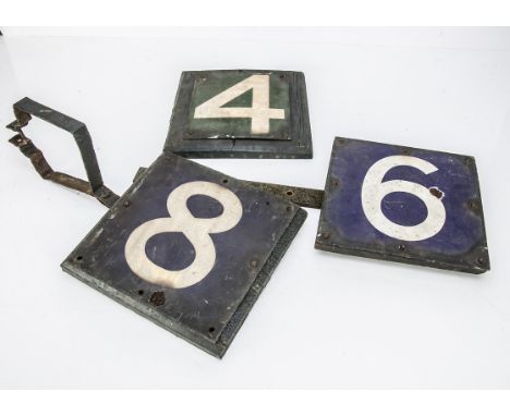 Railway Multiple Unit Stop Signs,  three square enamelled signs on wooden panels, two mounted on iron brackets including numb