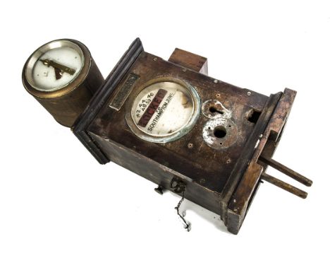 Sykes Lock and Block Signal Box Instrument, in teak case inset with circular painted dial, glazed with brass bezel inscribed 