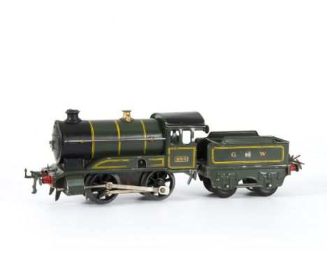 An uncommon Hornby 0 Gauge post-war GWR No 1 clockwork 0-4-0 Locomotive and Tender, in enamelled semi-matt green as no 9319, 
