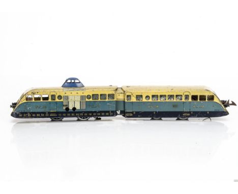 A French Hornby 0 Gauge electric '1E Autorail' two-part railcar, in lithographed 'PLM' blue and cream with royal blue skirt, 