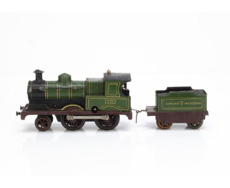 A modified Early Bing 0 Gauge clockwork GWR 4-4-0 Locomotive and Tender, the circa 1912 'Belpaire-firebox' locomotive, in lit