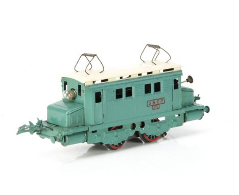 A French Hornby 0 Gauge post-war 20-volt AC electric model in SNCF turquoise with cream roof, with rubber-stamped red 'SNCF 2