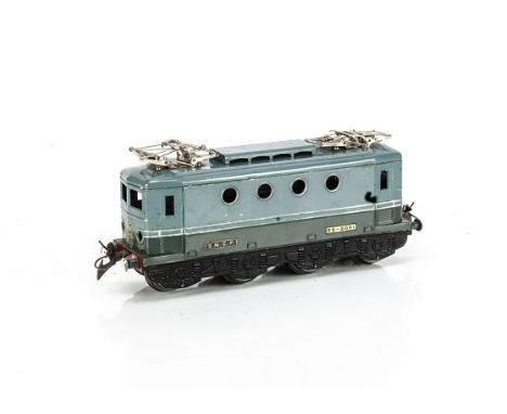 A post-war French Hornby 0 Gauge 20v electric T-BB Locomotive, in SNCF two-tone green with silver trim, running no BB-8051, G