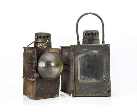 Two Railway Signal Lamps by Lamp Manufacturing and Railway Supplies Ltd, both of square  form with loop handles one a Welch P