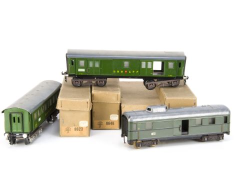 Buco and Fleischmann 0 Gauge rolling stock,  Buco - 8625 bogie SBB CFF All 2nd, 8623 bogie SBB CFF Baggage Van and 8646 Bell 