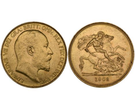 Edward VII, Coronation, 1902, five-pounds (S. 3965), bagmarks and a little roughness to rim in places, otherwise about extrem