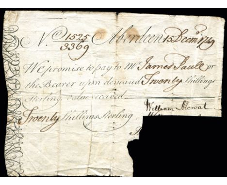 Scotland, The Aberdeen Banking Company (active 1747-53), twenty shillings sterling, 15 December 1749, printed in black on whi