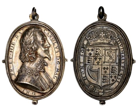 Charles I, Royalist badge, bare-headed bust wearing falling lace collar and sash, incuse legend carolvs dg mag bri fr et hib 