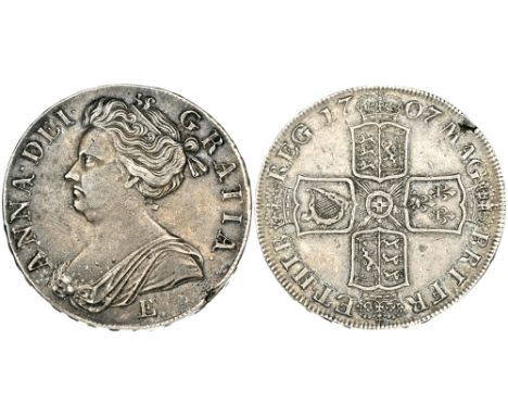 Anne, crown, 1707 e, Edinburgh mint, rev., Post-Union type shields, lettered edge reads sexto (E.S.C. 103; Bull 1351 (13 stri