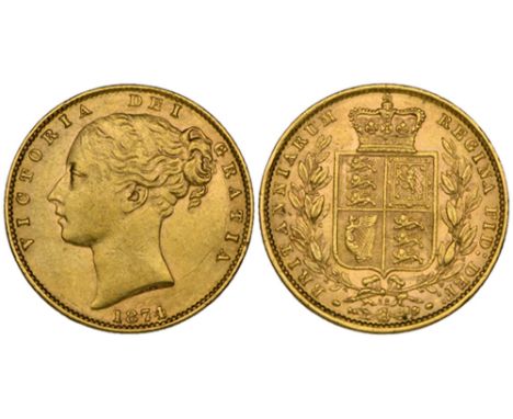 Victoria, young head, sovereign, rev., shield, London mint, 1874, die no. 32 (Marsh 58; S. 3853B), good fine to very fine, ve