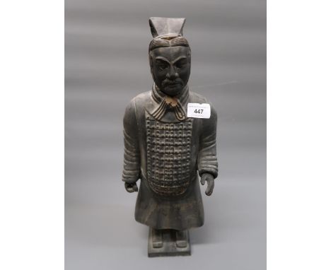 Black patinated Chinese terracotta army figure with detachable head, 19.5in high (chip to neck) 