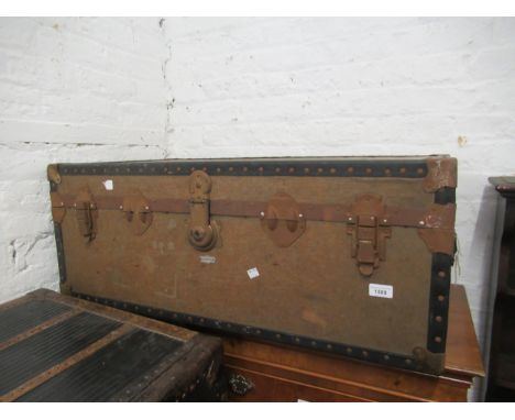 Early to Mid 20th Century travel trunk by overpond bearing Cunard line baggage labels 14ins high x 36ins wide x 20ins deep 