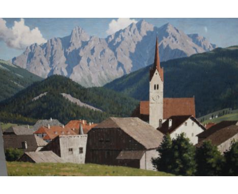 Christopher Hankey, oil on canvas, Alpine village scene with clock tower to the foreground, signed, 20ins x 27ins, unframed 