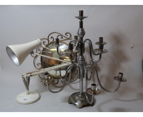Mid 20th Century Anglepoise lamp by Herbert Terry & Sons Ltd., Redditch, together with a chrome candelabra and a brass wall m