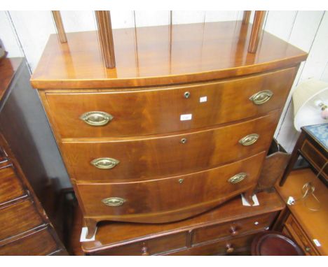 19th Century mahogany bow front chest of three graduated drawers with oval brass handles and splay bracket feet, 35.5ins wide
