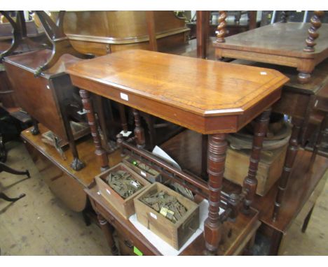 Victorian walnut and amboyna banded occasional table of irregular octagonal shape, on turned supports with stretchers, togeth