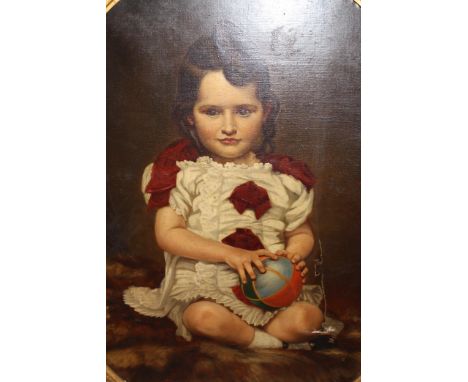 W. Vizard, oil on canvas, portrait of a young girl seated on a fur rug, holding a ball, signed, 28ins x 22ins approximately, 