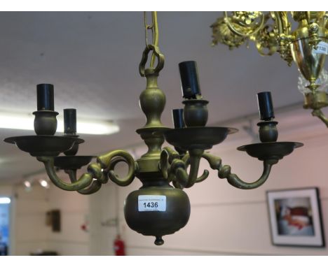 Small Dutch style brass five light electrolier, wrought iron and brass three light candelabra and a pair of gold painted meta