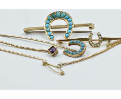 9ct Gold and turquoise horseshoe bar brooch, together with another 9ct gold horseshoe brooch set seed pearls and a stick pin 