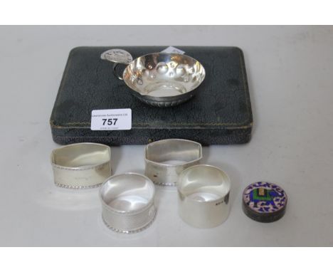 Four silver napkin rings, miniature oriental white metal and enamel box, plated tasse du vin and a quantity of plated flatwar