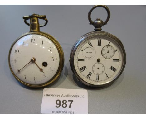 Gold plated open faced pocket watch by William Nadauld, London with enamel dial and Arabic numerals, 47mm diameter, together 