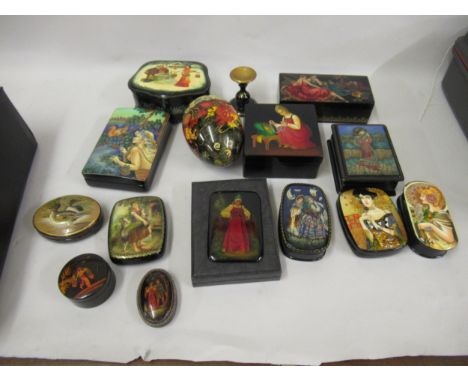Modern Russian lacquer paperweight, painted with full length portrait, indistinctly signed, together with a collection of oth