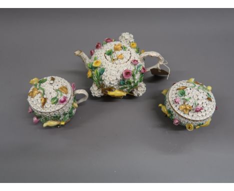 19th Century Meissen small three piece tea service with all-over floral encrusted and bird mounted decoration (some losses), 