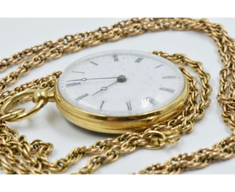 19th Century French gold fob watch, the enamel decorated back set with rose cut diamonds, suspended from a yellow metal chain
