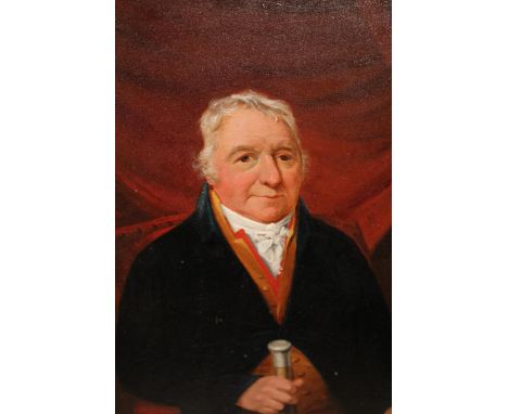 Early 19th Century English school, oil on panel, portrait of a seated gentleman holding a walking cane, indistinctly inscribe