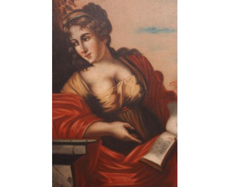 Antique oil on canvas, portrait of a classical lady holding a book, 20ins x 16ins 