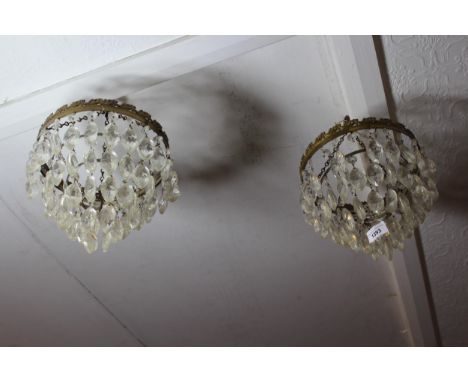 Pair of glass and brass bag light fittings, together with a quantity of various loose glass drops8ins diameter, 13ins drop ea