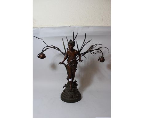 Late 19th / early 20th Century patinated spelter twin light figural table lamp in the form of a semi nude maiden amongst bulr