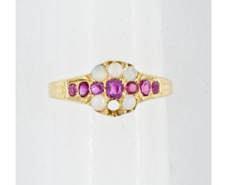 Victorian / Edwardian 18ct yellow gold ring set rubies and opals (minus one opal) 