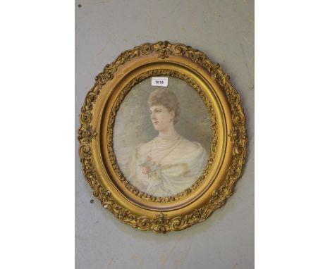 Oval gilt framed print on silk, head and shoulder portrait of a lady, 11ins x 9ins 