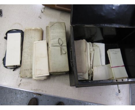 Tin plate deed box, containing a quantity of 18th / 19th Century indentures and various printed ephemera, some related to the