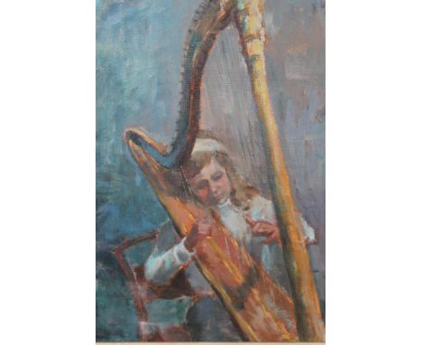 Oil on canvas, portrait of a young lady playing the harp, inscribed verso ' Phyllis Bray ', 19ins x 15ins 