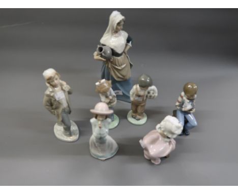 Nao figure of a lady carrying a pitcher, 11.5ins high, together with six other various similar smaller figures 