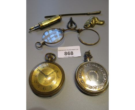 Small bag containing a pocket watch, miniature flask, spectacles etc. 