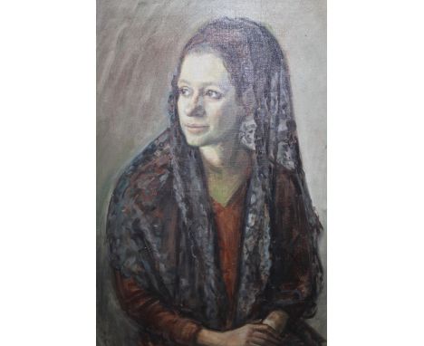 Olive Bagshaw oil on canvas, half length portrait of a lady wearing a black lace veil, signed, 29ins x 21ins, framed 