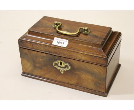 George III rectangular mahogany tea caddy with brass handle, moulded lid and brass escutcheon, 9.75ins wide 